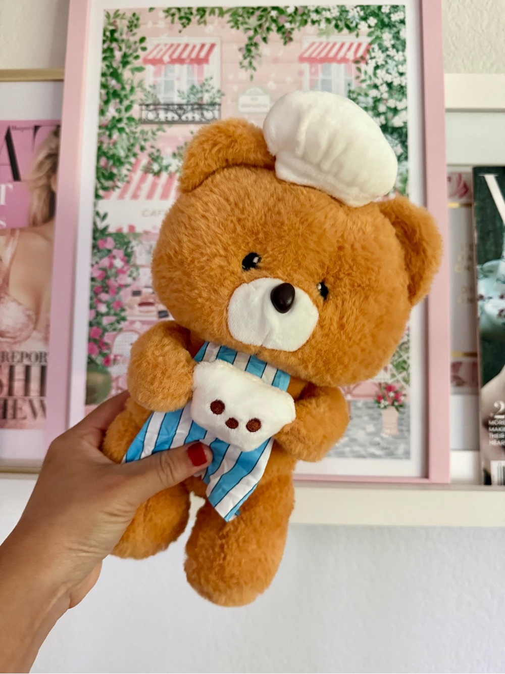 Teddy Bear Chef Plush in Brown with Blue Striped Apron